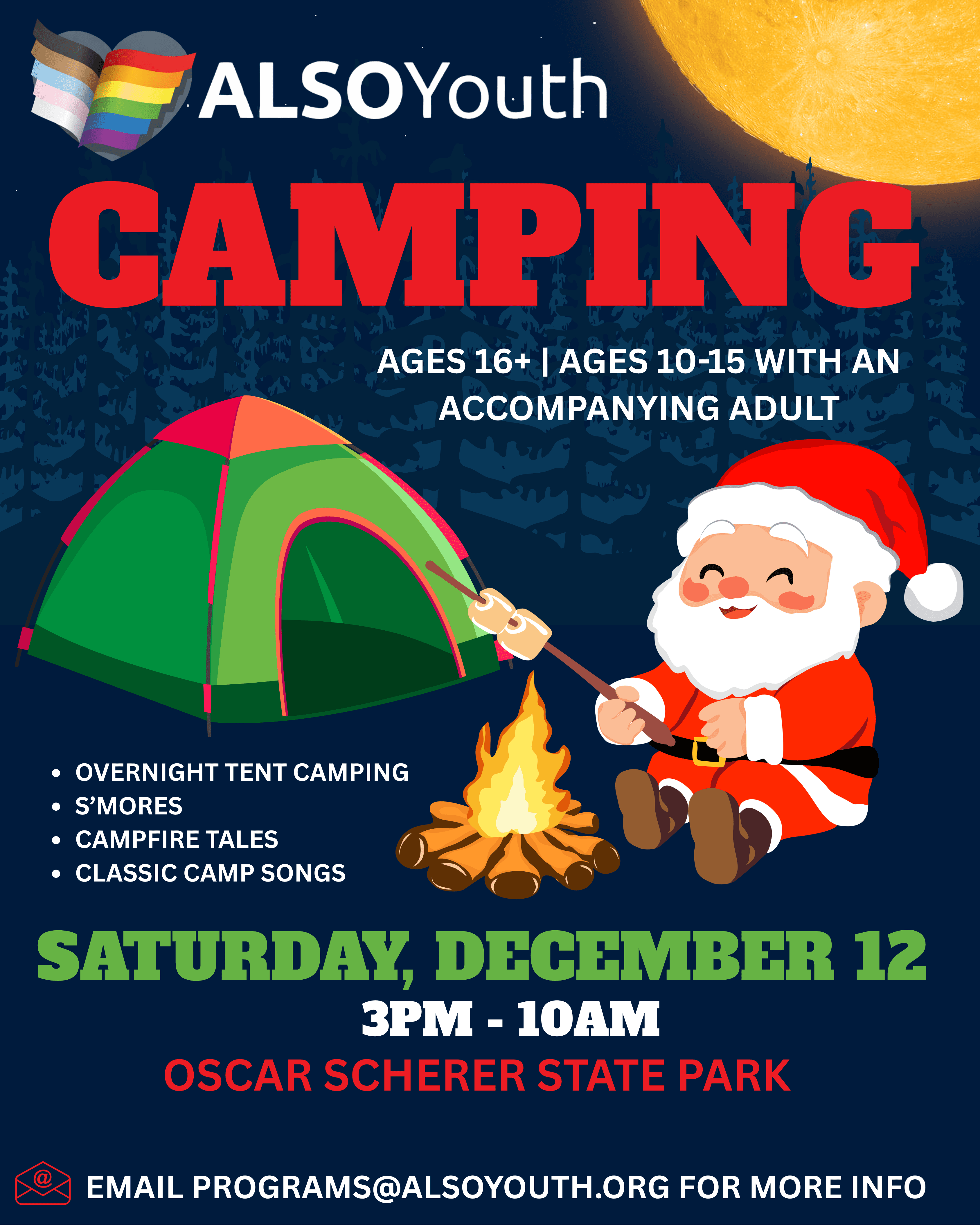 Santa sitting by campfire and tent roasting a marshmallow.