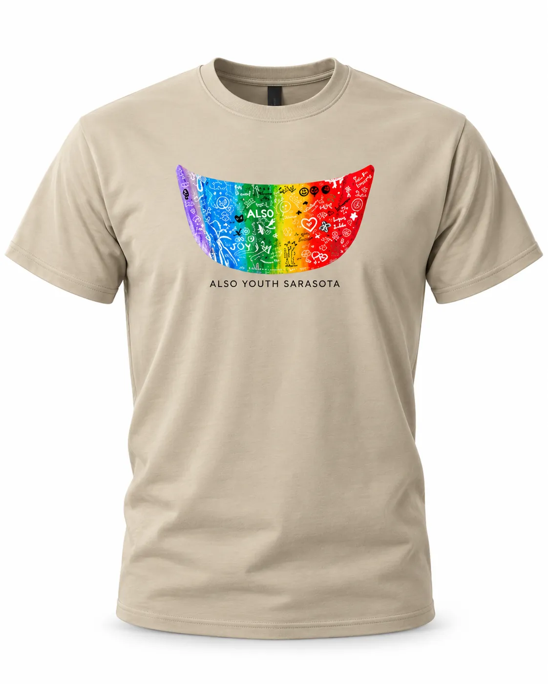 The 2026 ALSO Youth tee: a sand colored crew neck T-shirt with the same rainbow car hood design, showing the words ALSO and JOY, above the words ALSO Youth Sarasota.