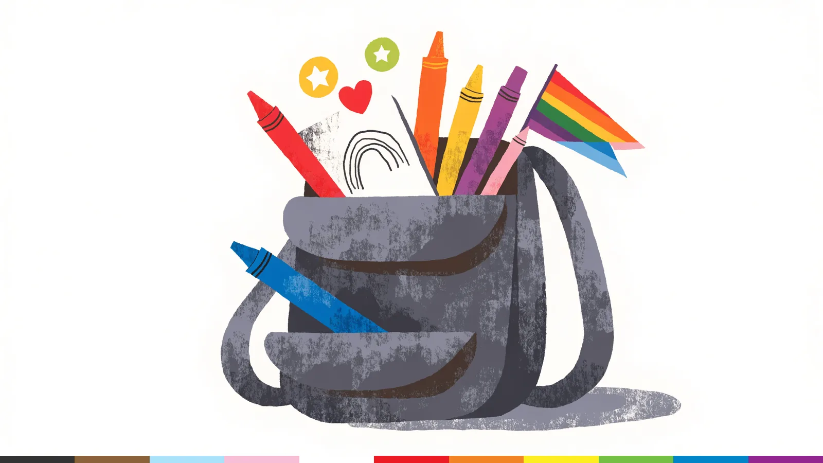 Illustration: a backpack bursting with crayons, a sketchbook, star stickers, and a small rainbow flag.