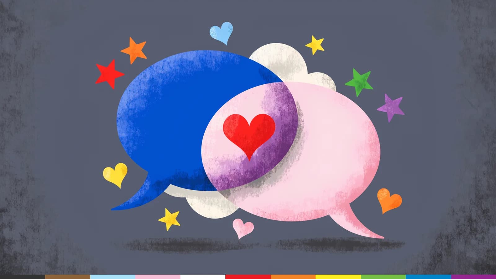 Illustration: a blue speech bubble and a pink speech bubble overlap around a red heart, circled by small stars and hearts.
