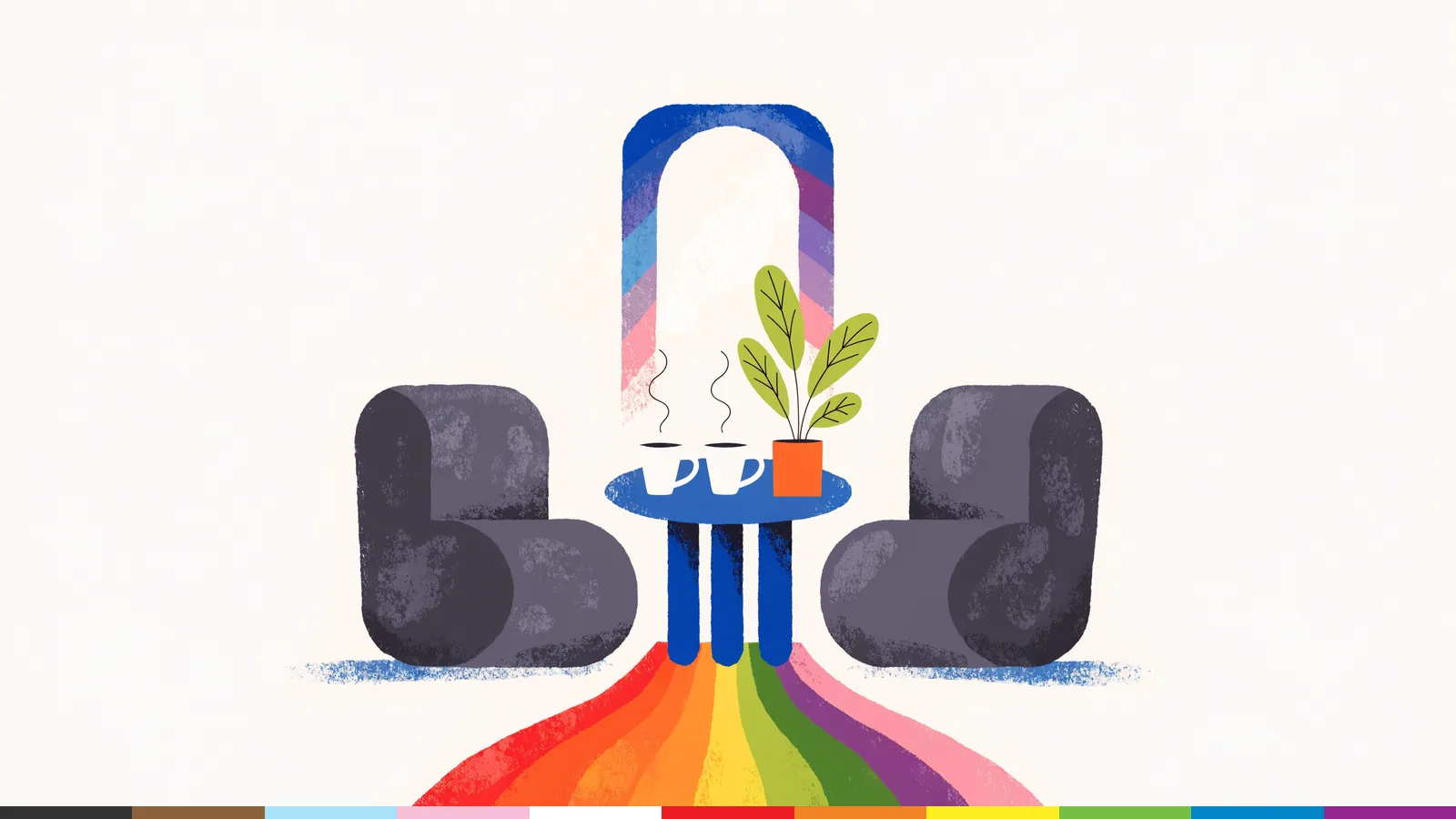 Illustration: two soft armchairs face each other across a small table with two warm mugs and a plant, as a rainbow of light spills across the floor.