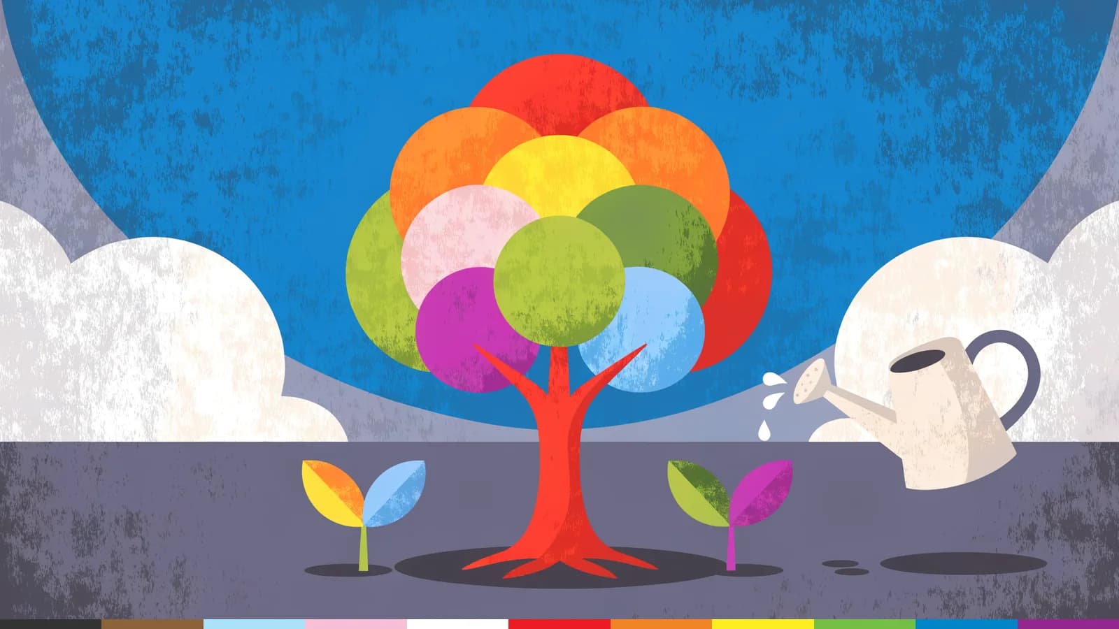 Illustration: a young tree with a rainbow canopy of round leaves grows beside new seedlings while a watering can pours.