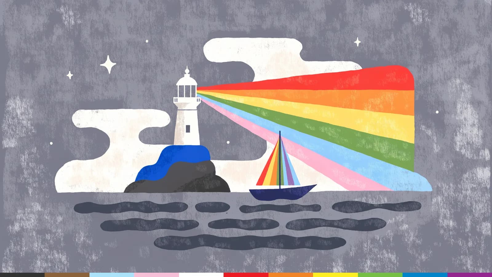 Illustration: a lighthouse shines a rainbow beam across dark water toward a small boat with a rainbow sail.