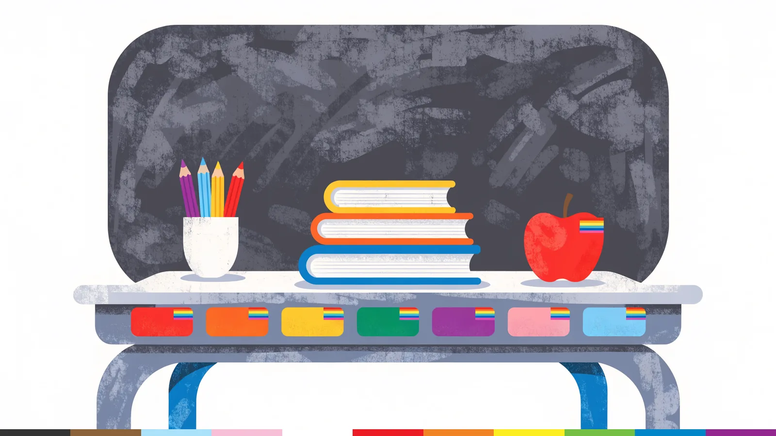 Illustration: a school desk with books, colored pencils, an apple, and a row of blank name tags in rainbow colors, in front of an empty chalkboard.