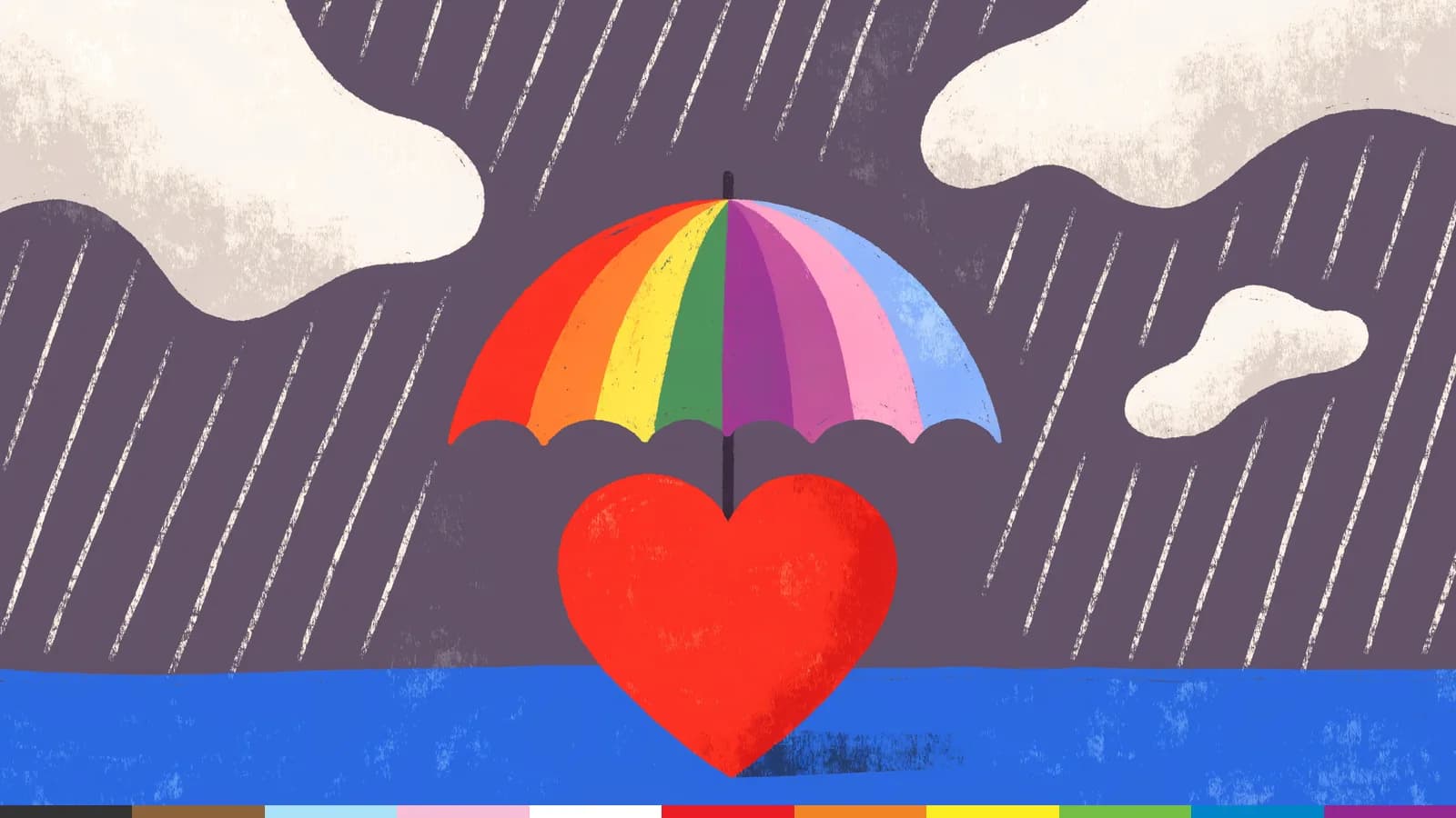 Illustration: a rainbow umbrella shelters a red heart from the rain.