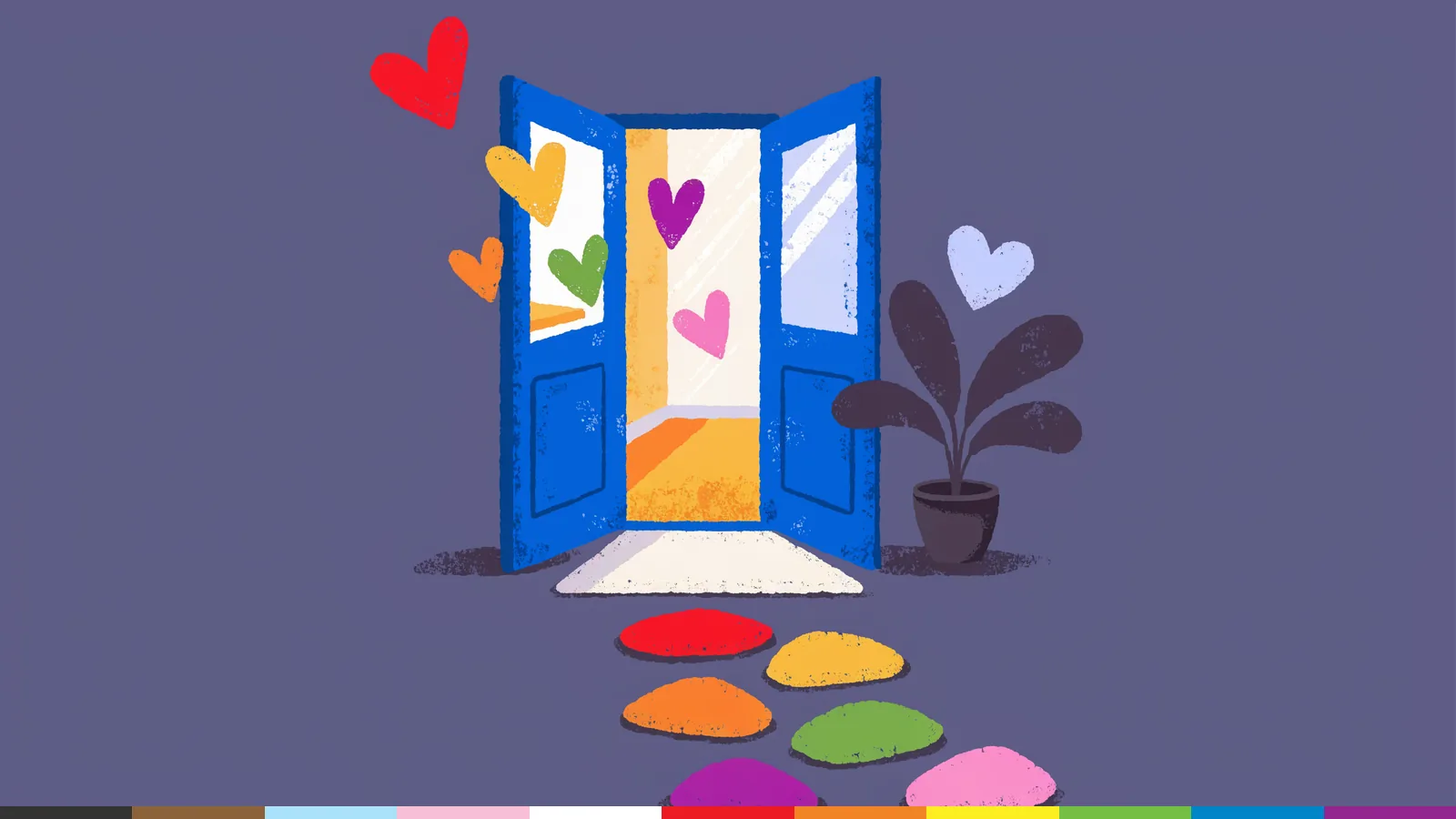 Illustration: a blue front door swings open onto a sunlit room, with hearts floating out and rainbow stepping stones leading in.