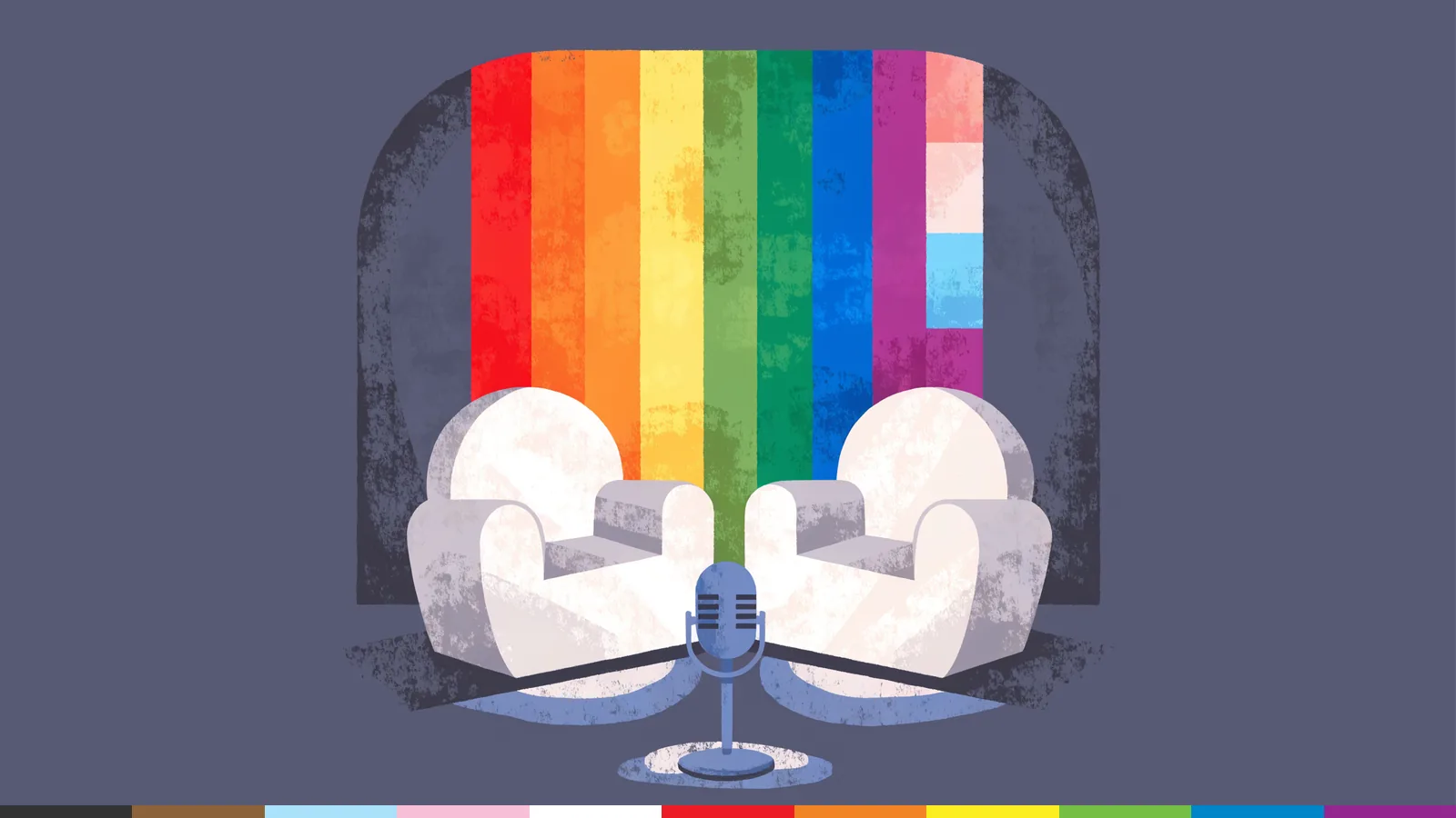 Illustration: two white armchairs on a small talk show stage, with a studio microphone in front and a rainbow striped curtain behind.