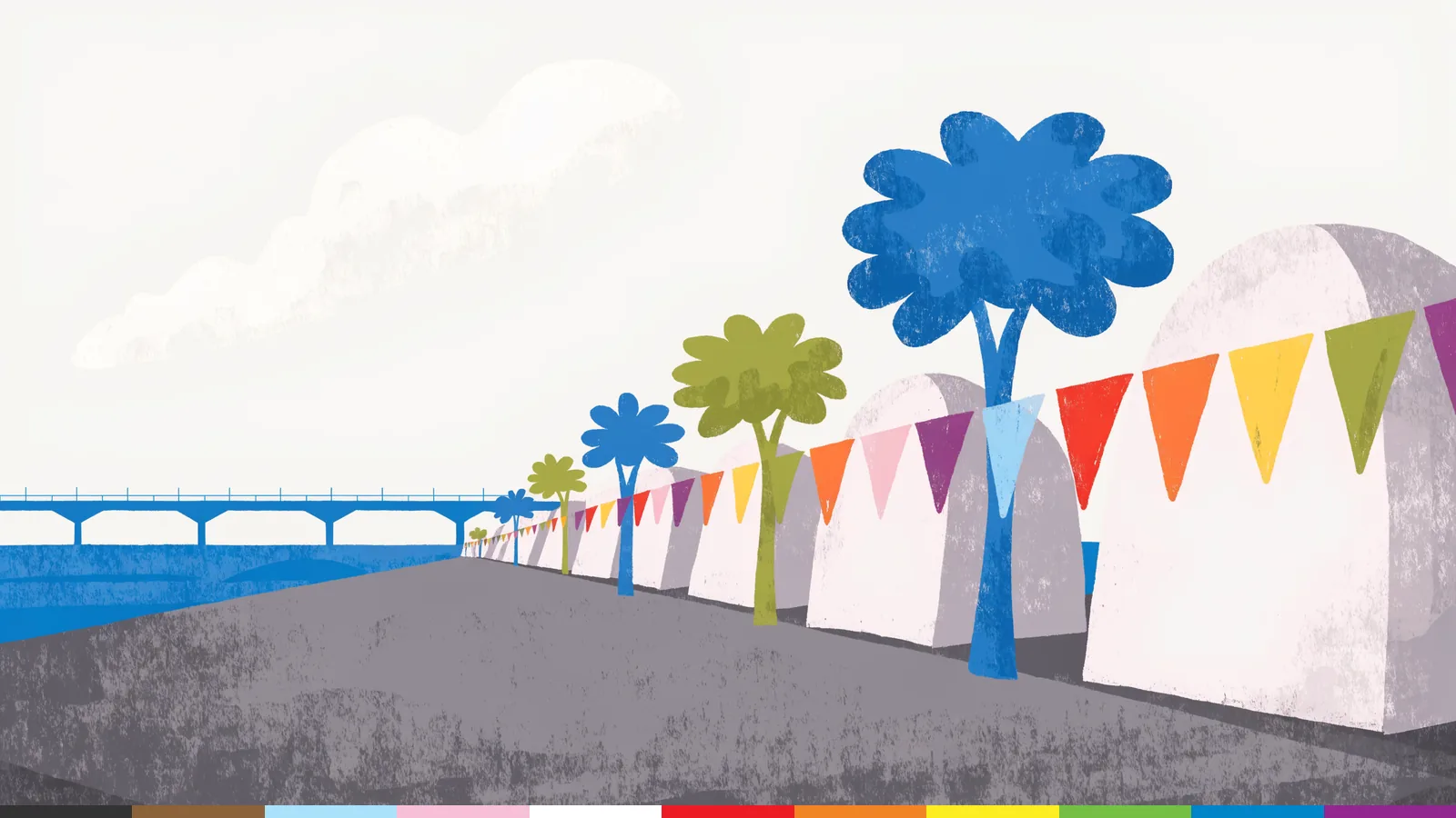 Illustration: white festival tents and rainbow bunting line a riverfront promenade, with a long bridge across the water.